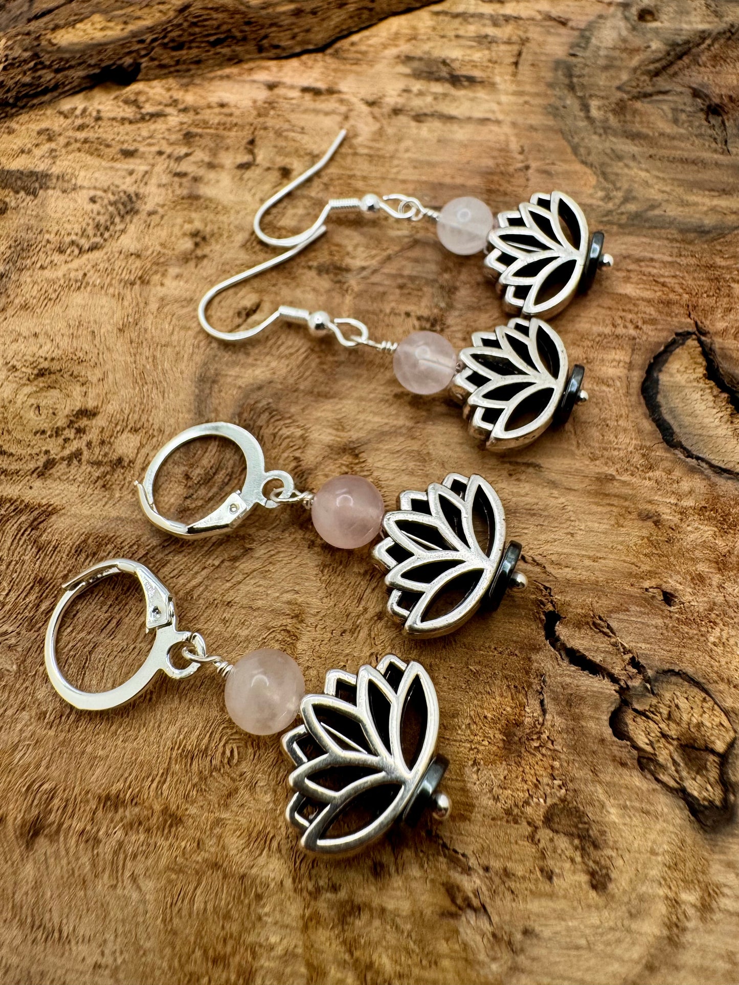 Rose Quartz & Silver Lotus Drop Earrings