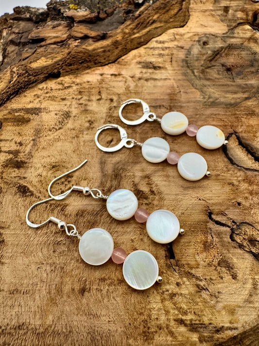 Rose Quartz & Mother of Pearl Silver Drop Earrings