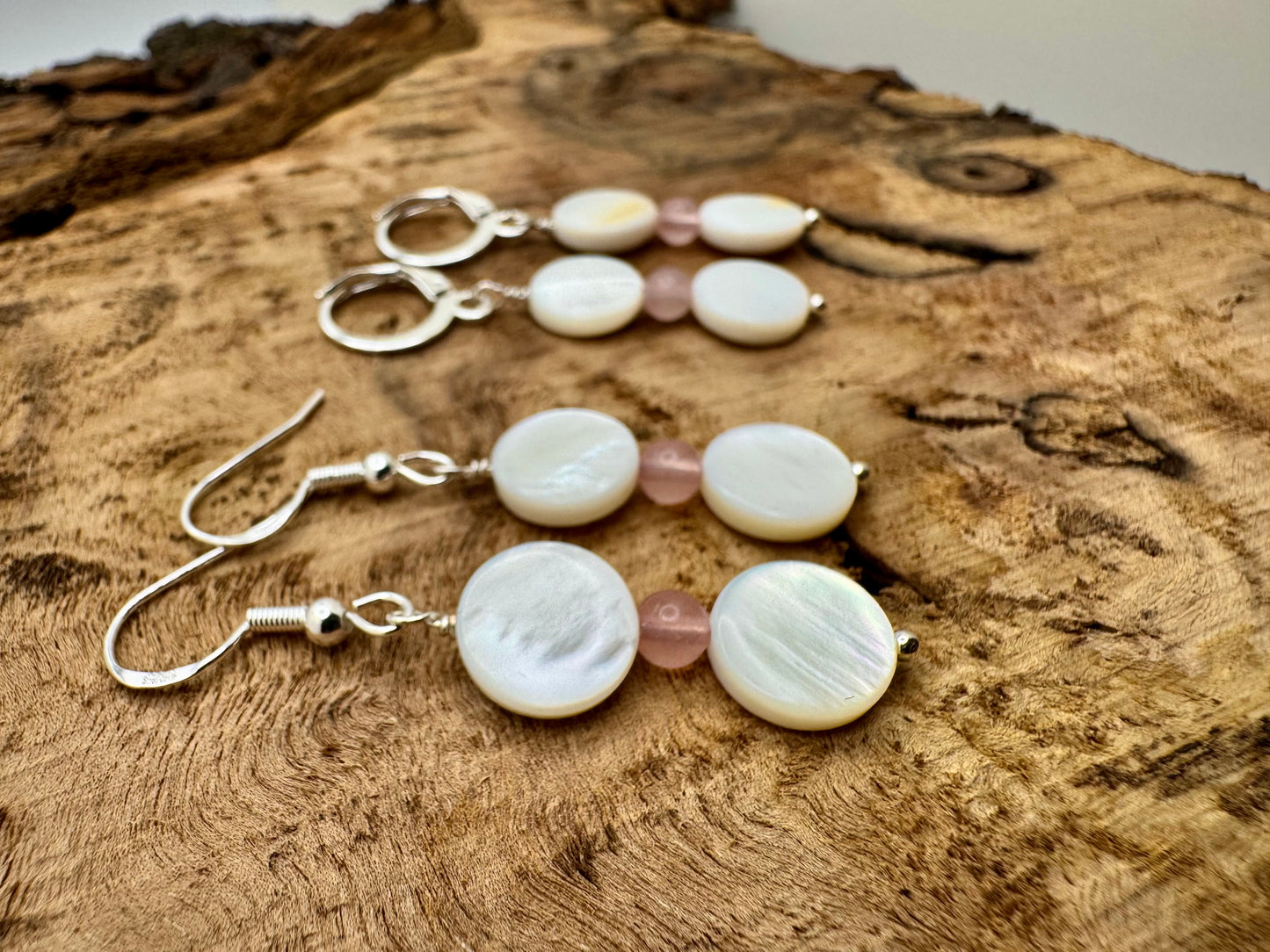 Rose Quartz & Mother of Pearl Silver Drop Earrings