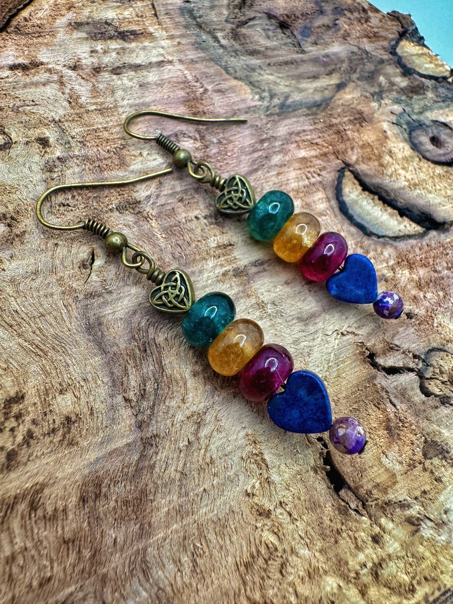 Celtic Heart Rainbow Gemstone Drop Earrings