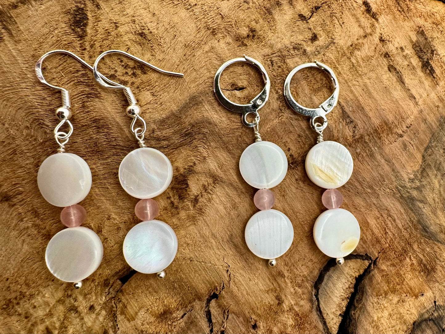 Rose Quartz & Mother of Pearl Silver Drop Earrings