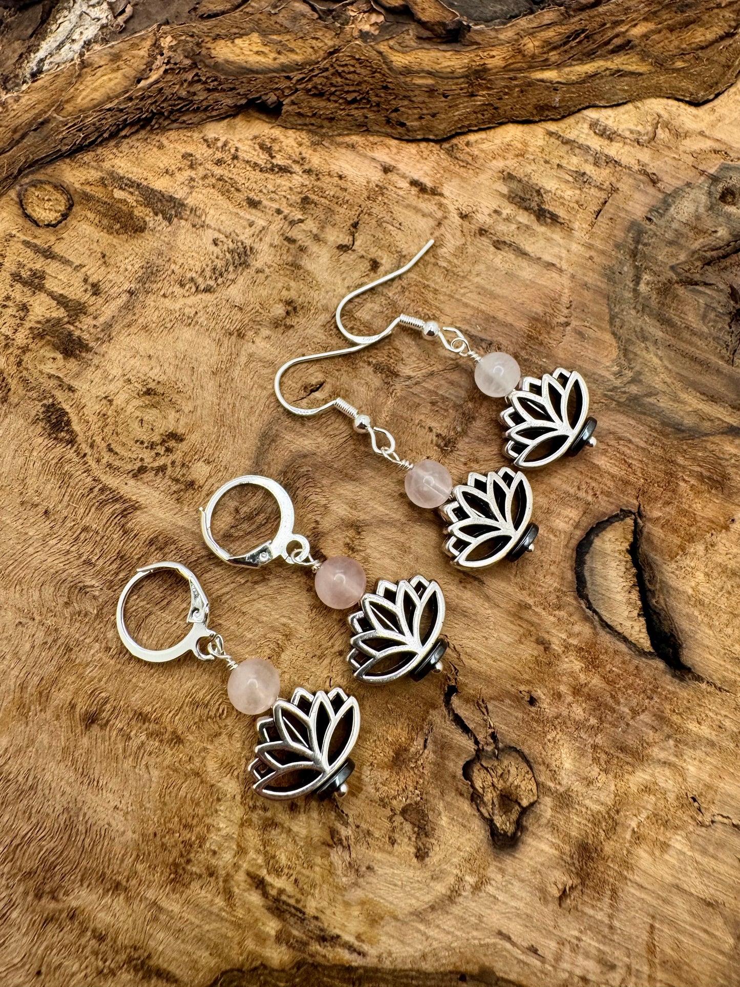 Rose Quartz & Silver Lotus Drop Earrings