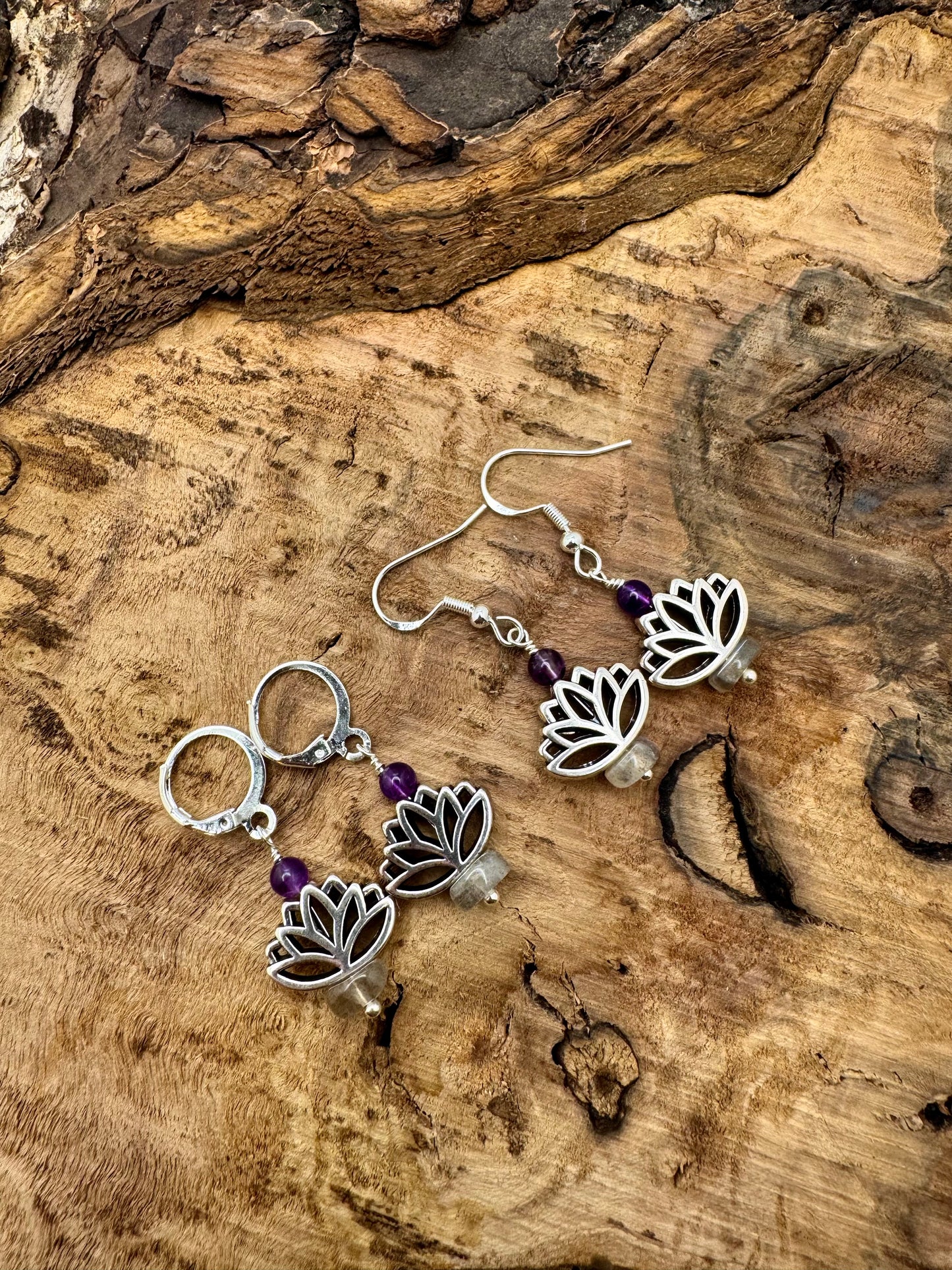 Amethyst & Labradorite Silver Lotus Drop Earrings