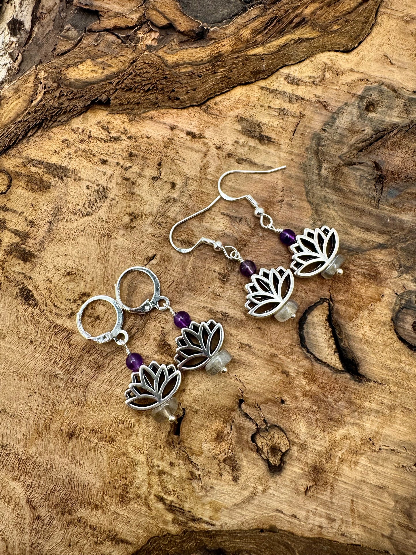 Amethyst & Labradorite Silver Lotus Drop Earrings