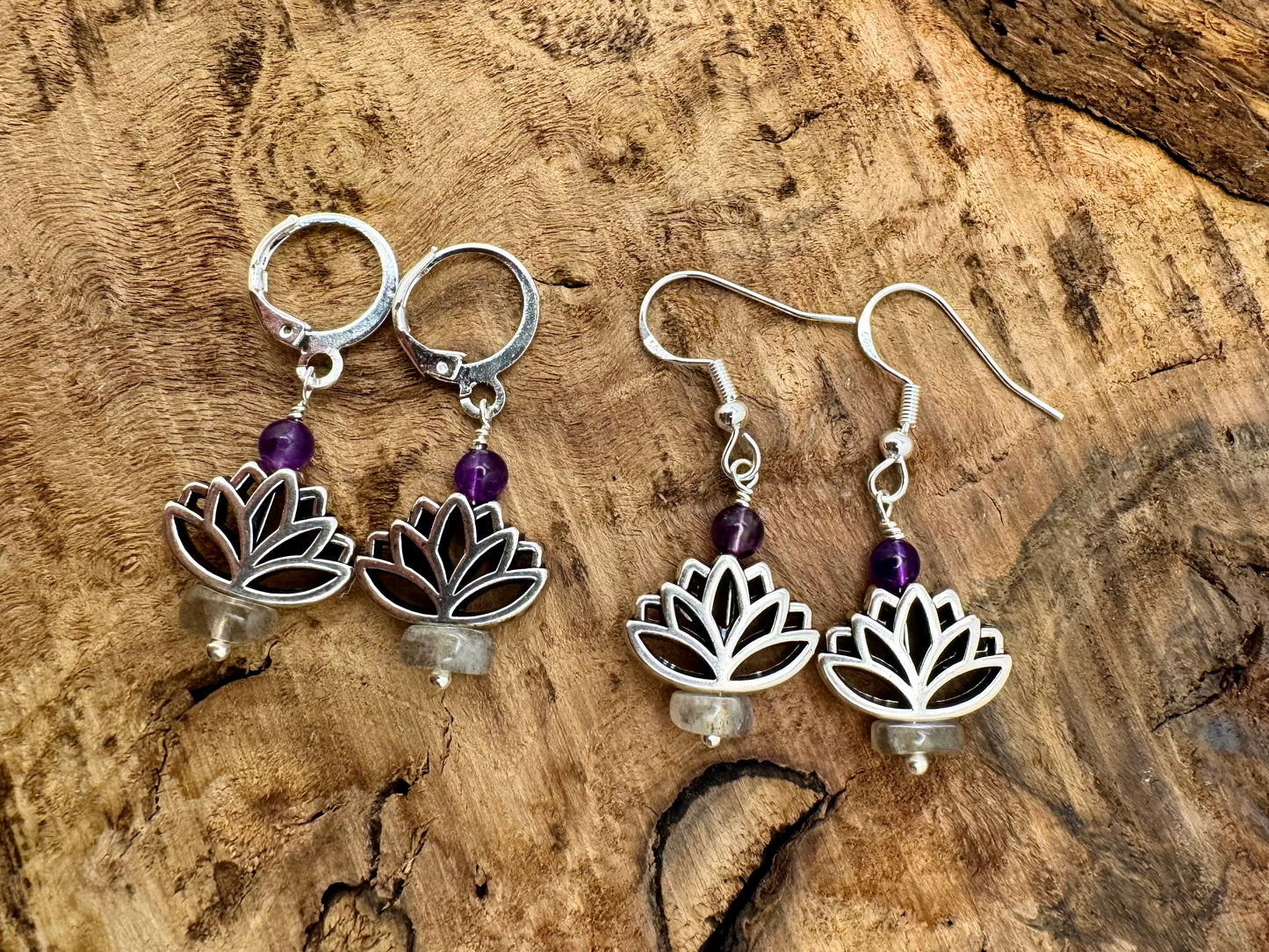 Amethyst & Labradorite Silver Lotus Drop Earrings