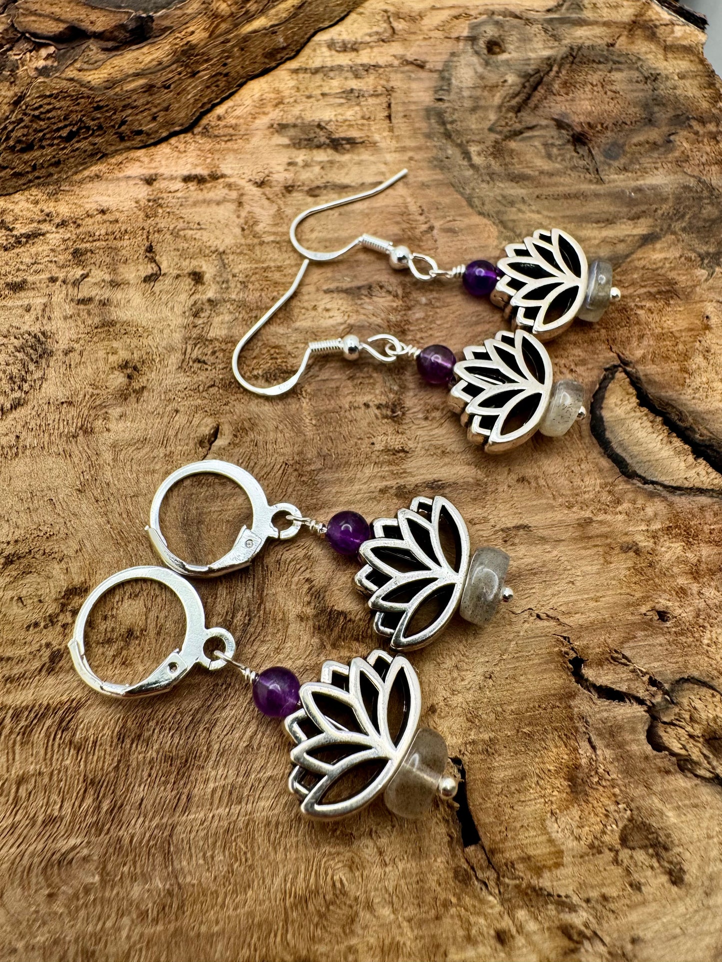 Amethyst & Labradorite Silver Lotus Drop Earrings