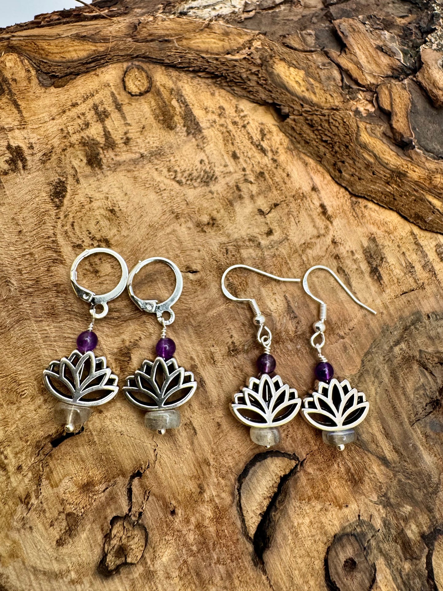 Amethyst & Labradorite Silver Lotus Drop Earrings