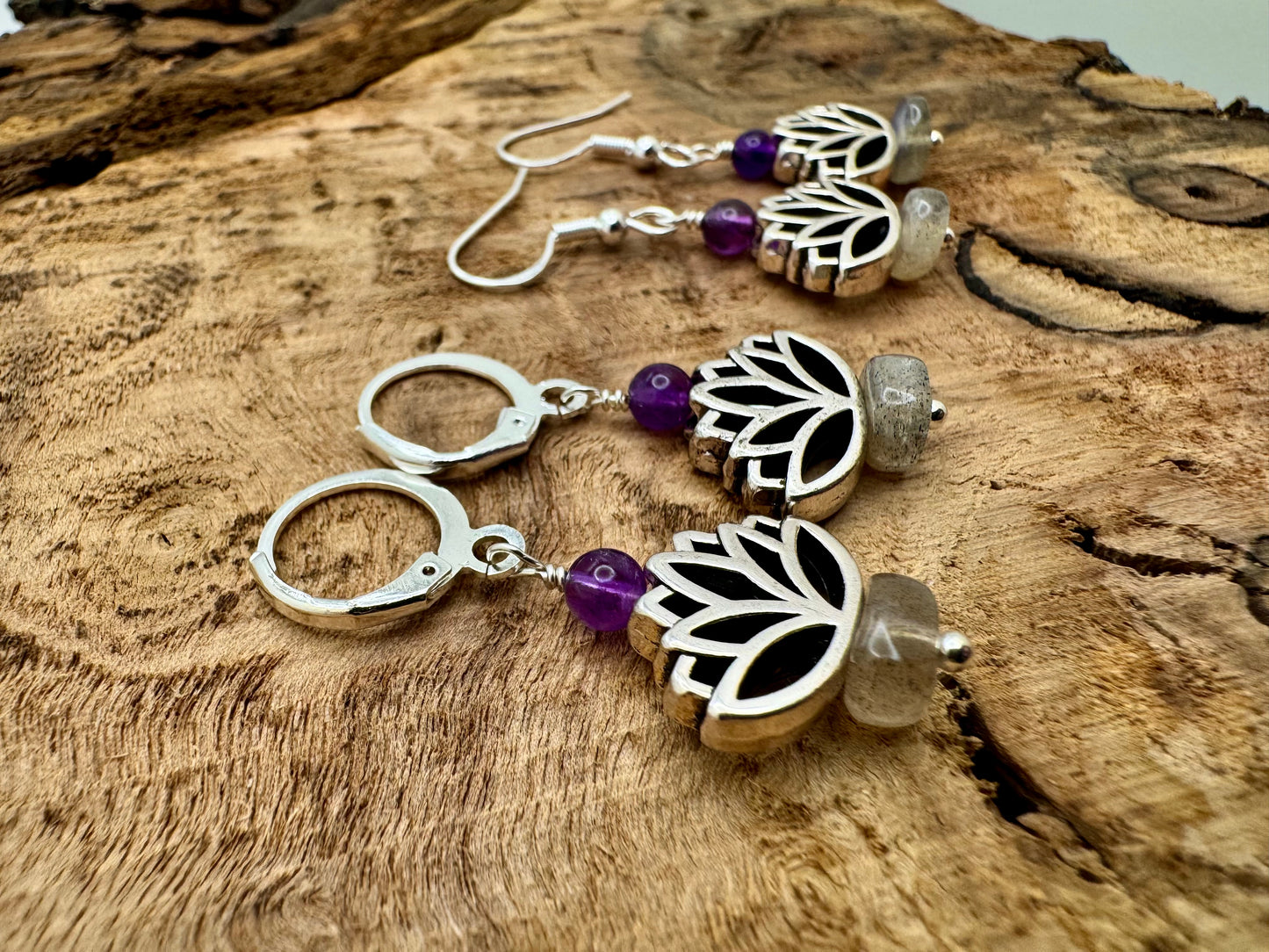 Amethyst & Labradorite Silver Lotus Drop Earrings