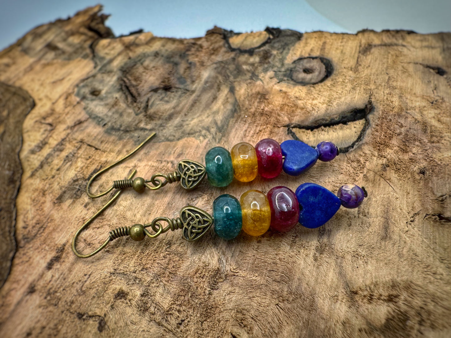 Celtic Heart Rainbow Gemstone Drop Earrings