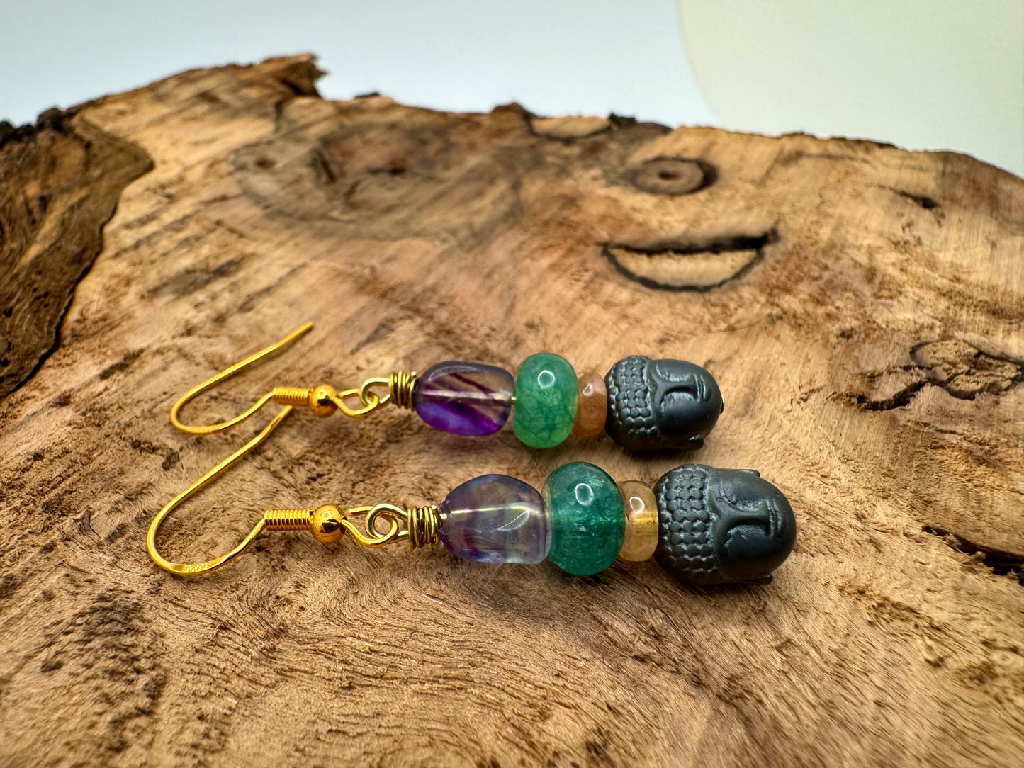 Rainbow Fluorite, Tourmaline & Buddha Hematite Drop Earrings