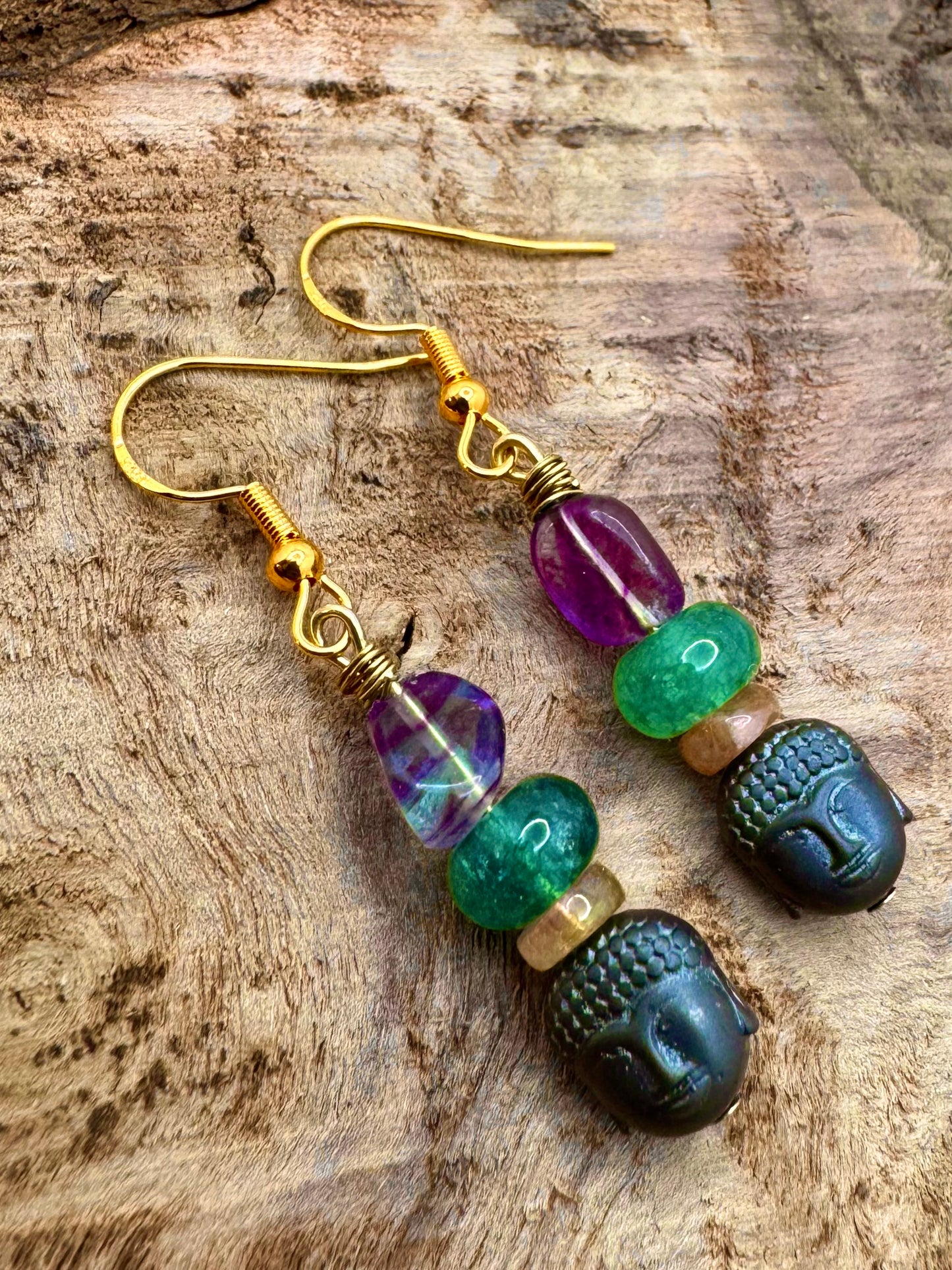 Rainbow Fluorite, Tourmaline & Buddha Hematite Drop Earrings