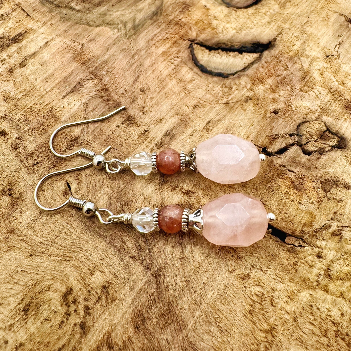 Rose Quartz, Rhodochrosite & Clear Quartz Silver Drop Earrings