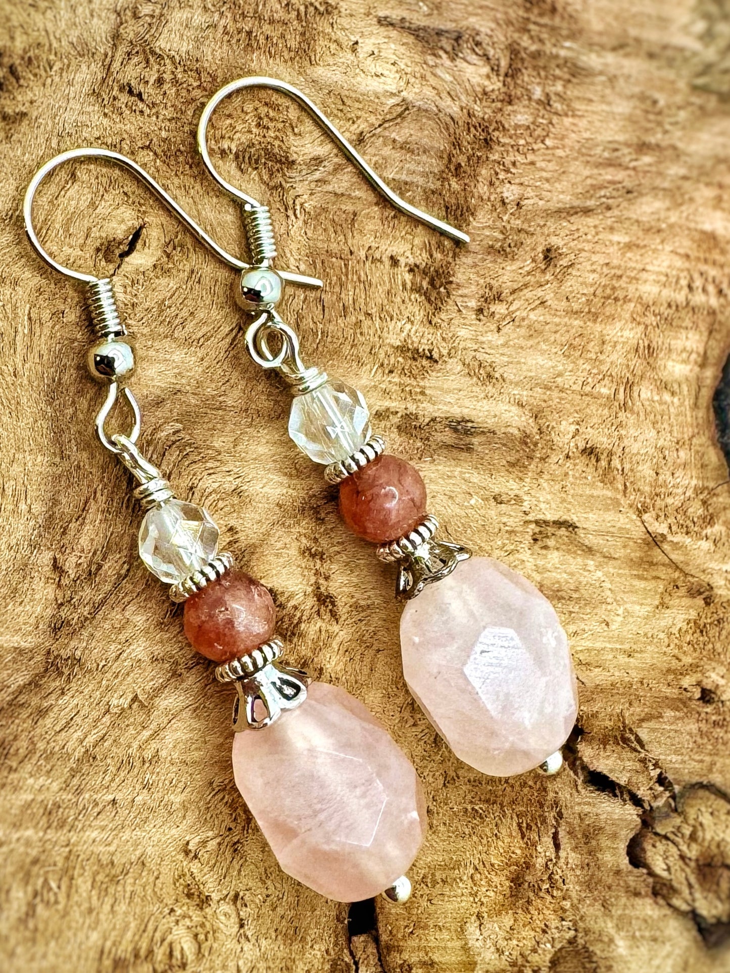 Rose Quartz, Rhodochrosite & Clear Quartz Silver Drop Earrings