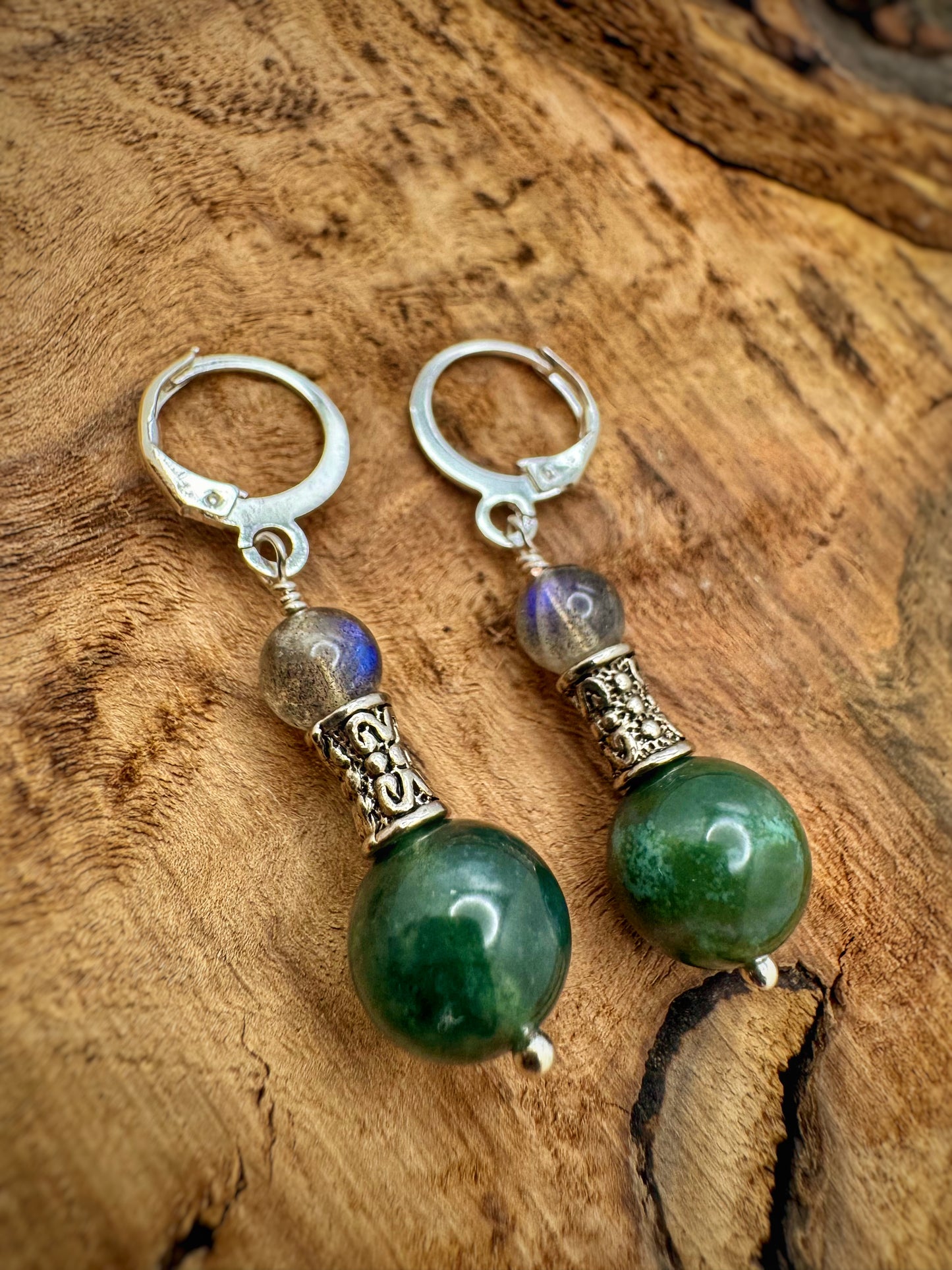 Labradorite & Moss Agate Silver Drop Earrings