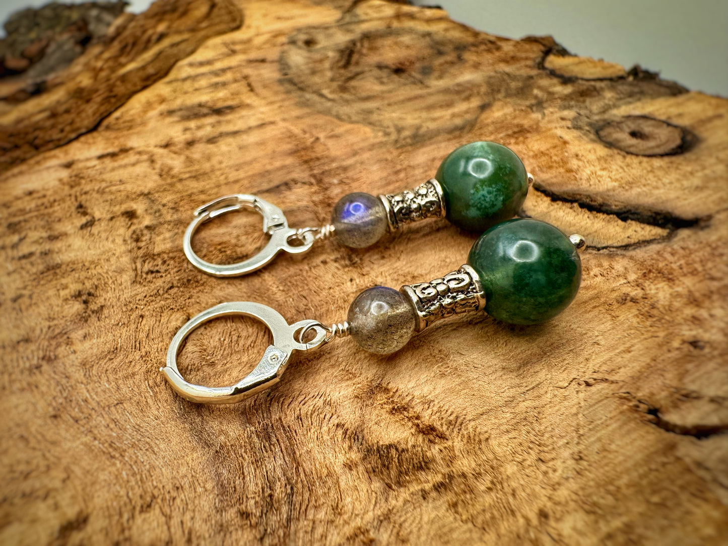 Labradorite & Moss Agate Silver Drop Earrings