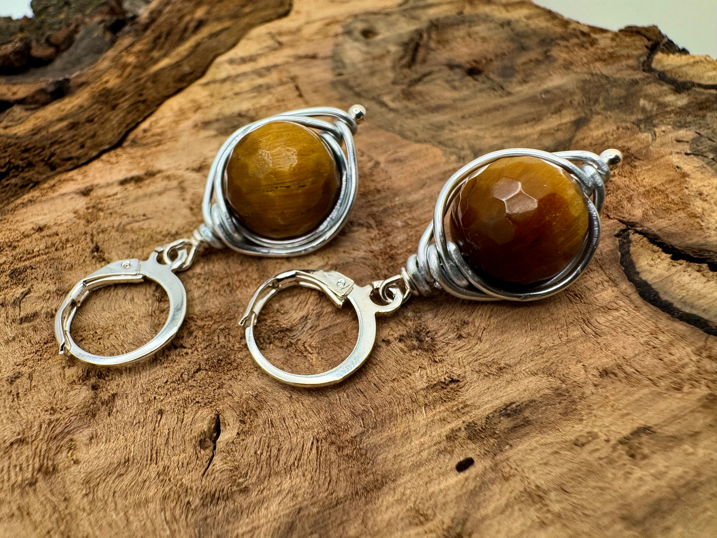 Silver Wire Wrapped Tiger Eye Dangle Earrings