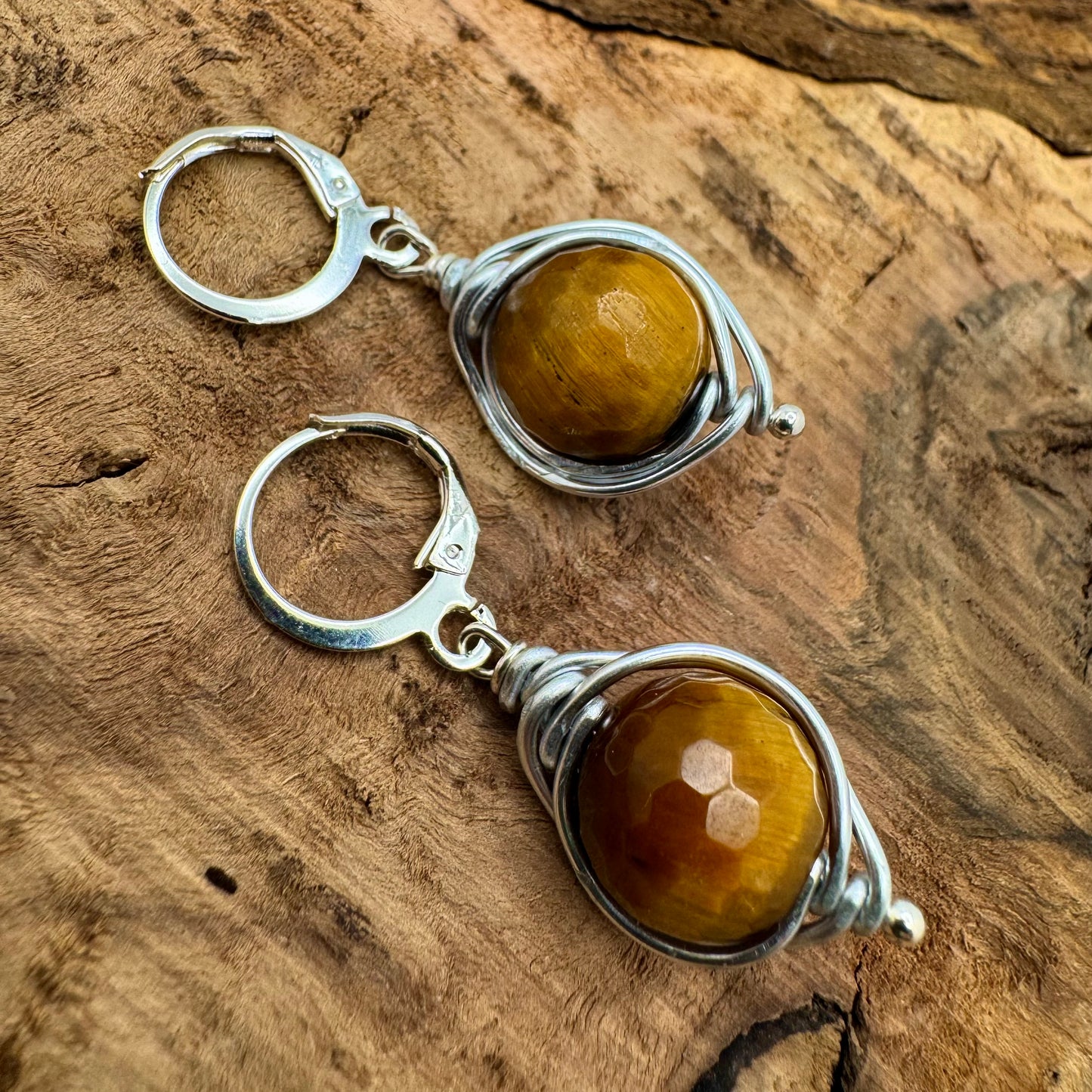 Silver Wire Wrapped Tiger Eye Dangle Earrings