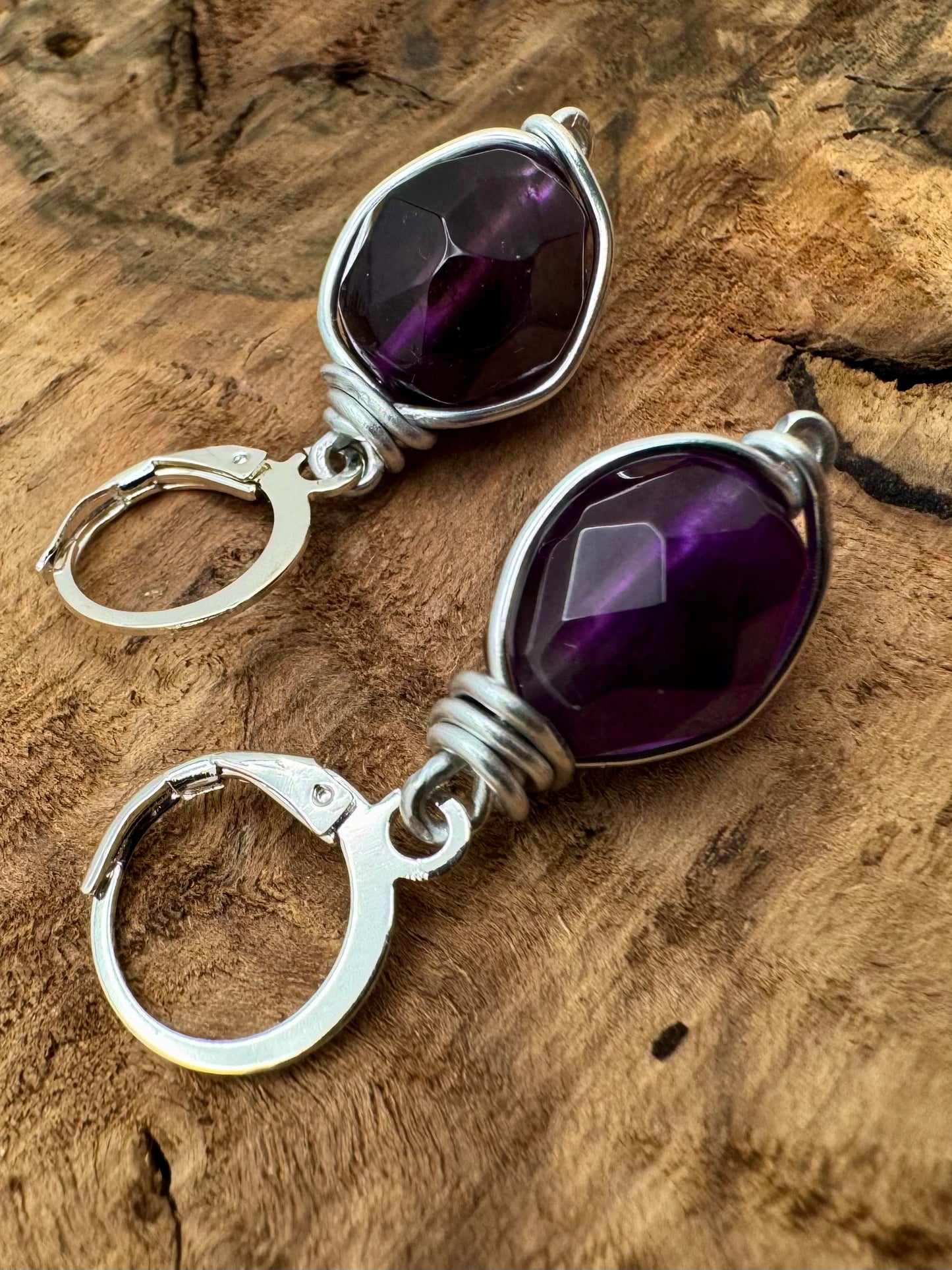 Handcrafted Checkerboard Cut Amethyst Silver Wire-Wrapped Drop Earrings 💜✨