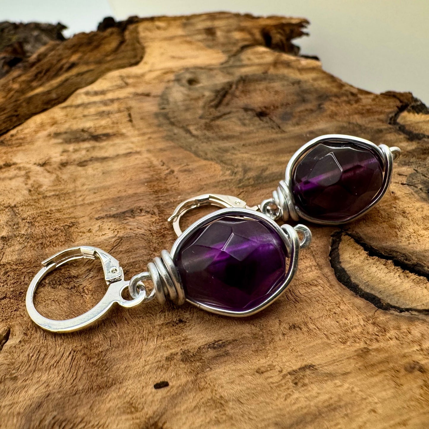 Handcrafted Checkerboard Cut Amethyst Silver Wire-Wrapped Drop Earrings 💜✨