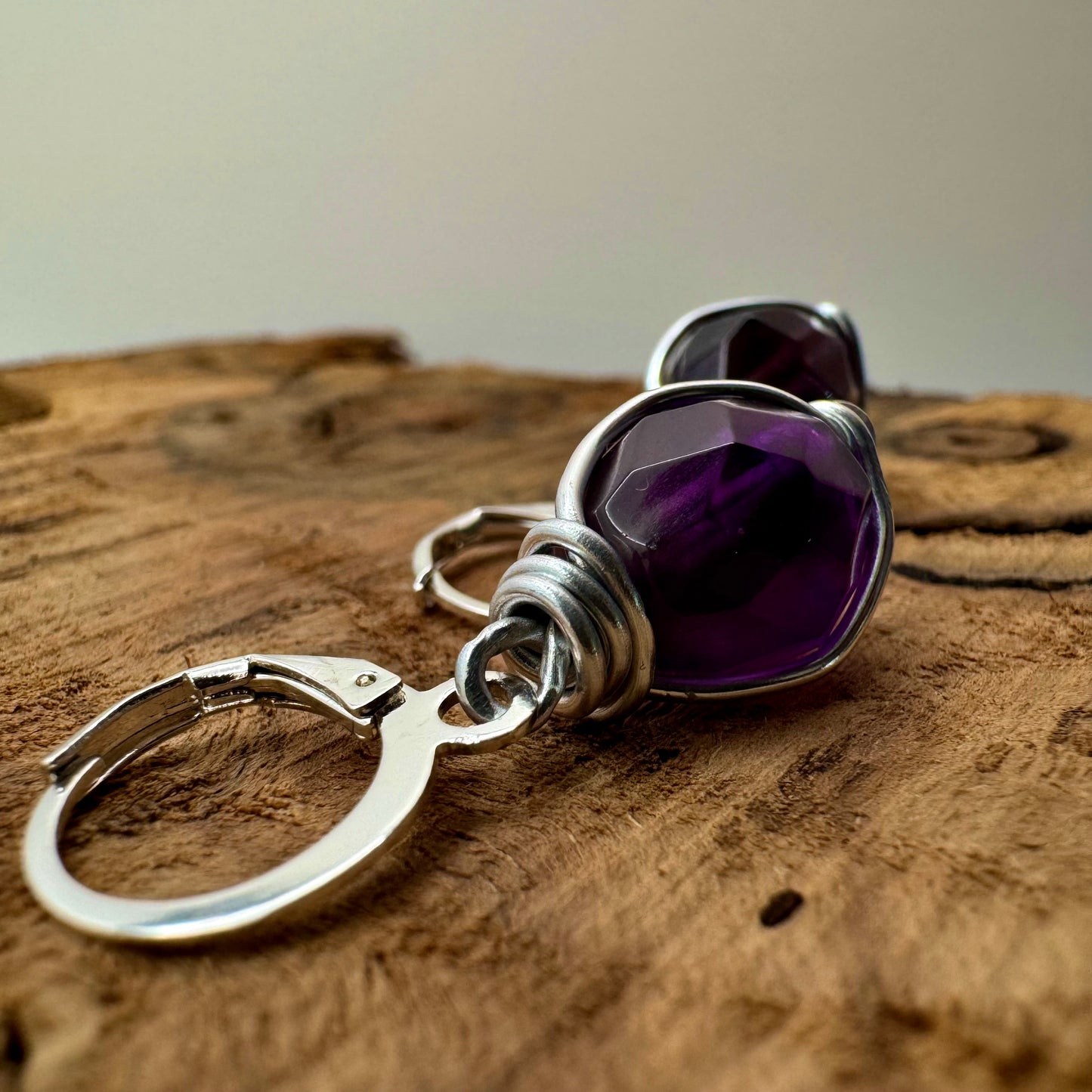 Handcrafted Checkerboard Cut Amethyst Silver Wire-Wrapped Drop Earrings 💜✨