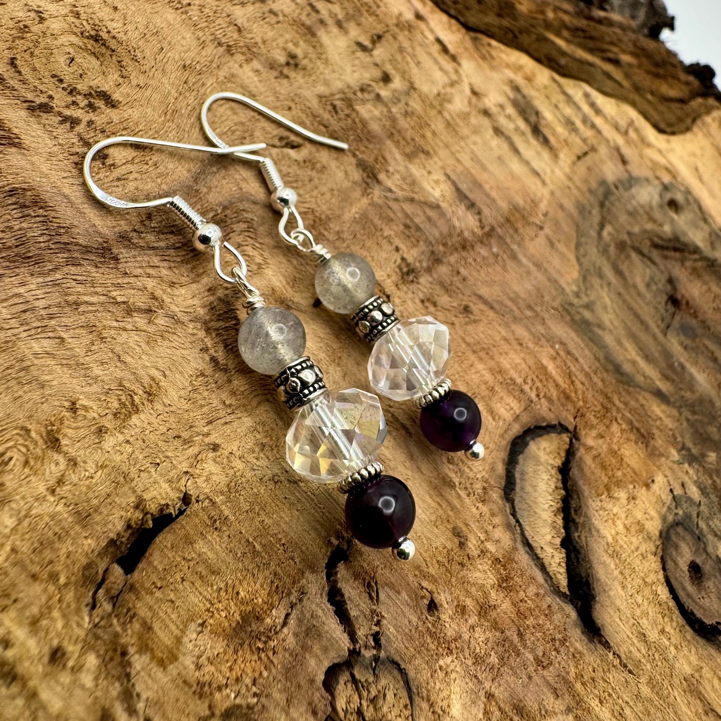 Labradorite, Clear Quartz and Amethyst Silver Drop Earrings