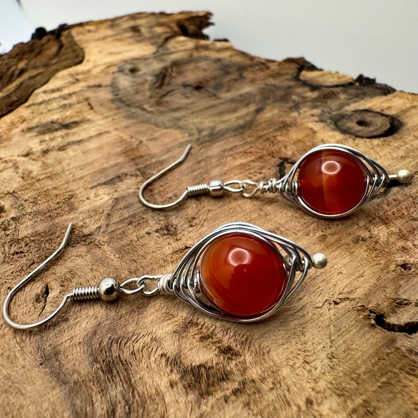 Silver Wire Wrapped Carnelian Drop Earrings