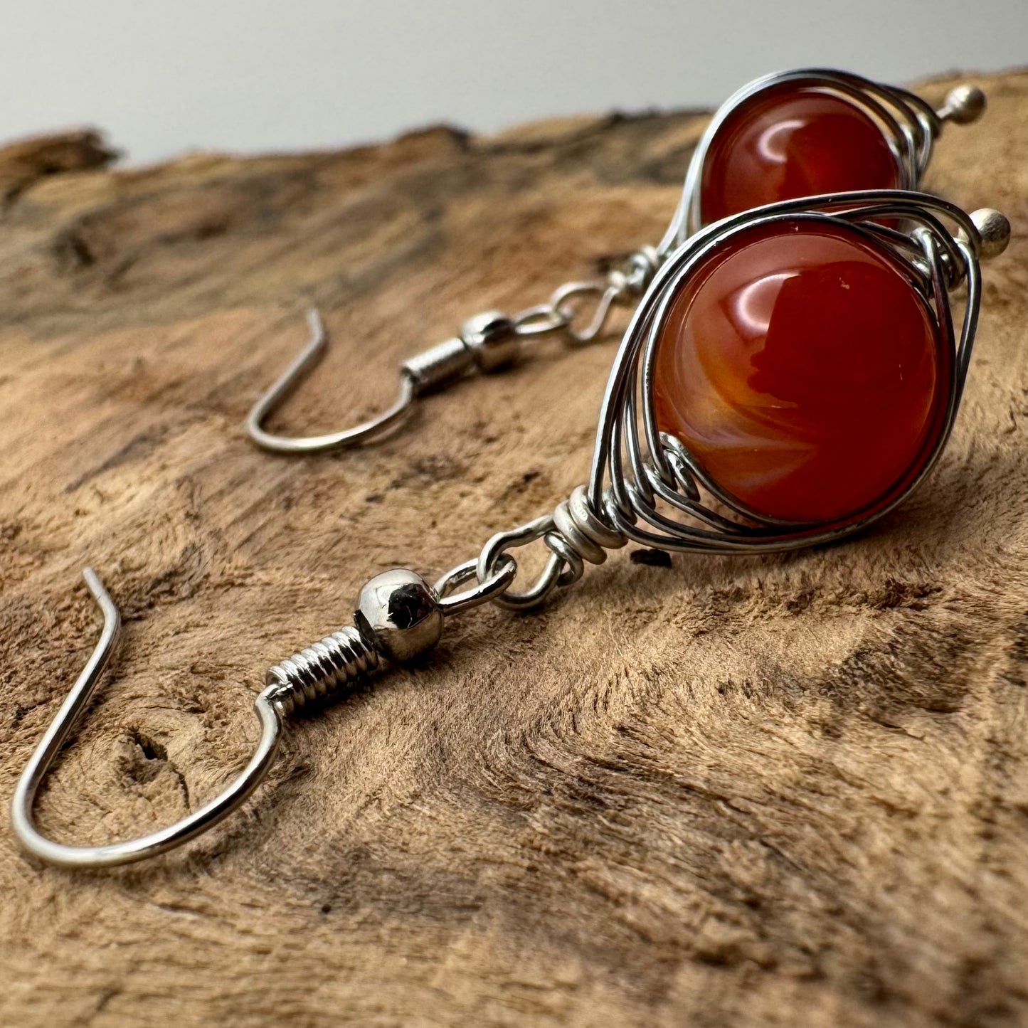 Silver Wire Wrapped Carnelian Drop Earrings